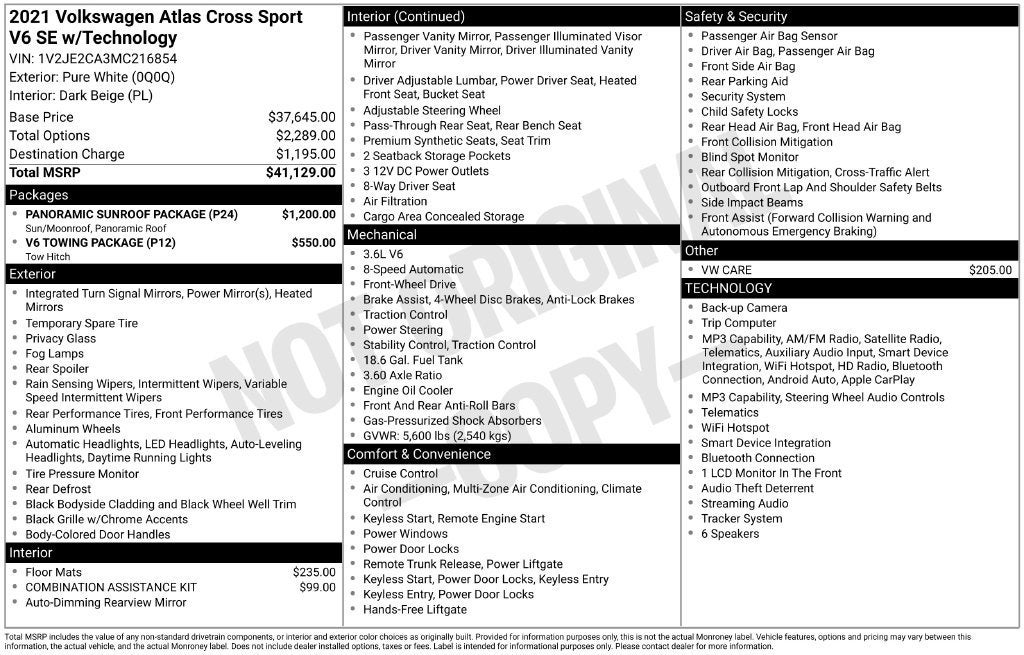 2021 Volkswagen Atlas Cross Sport 3.6L V6 SE w/Technology