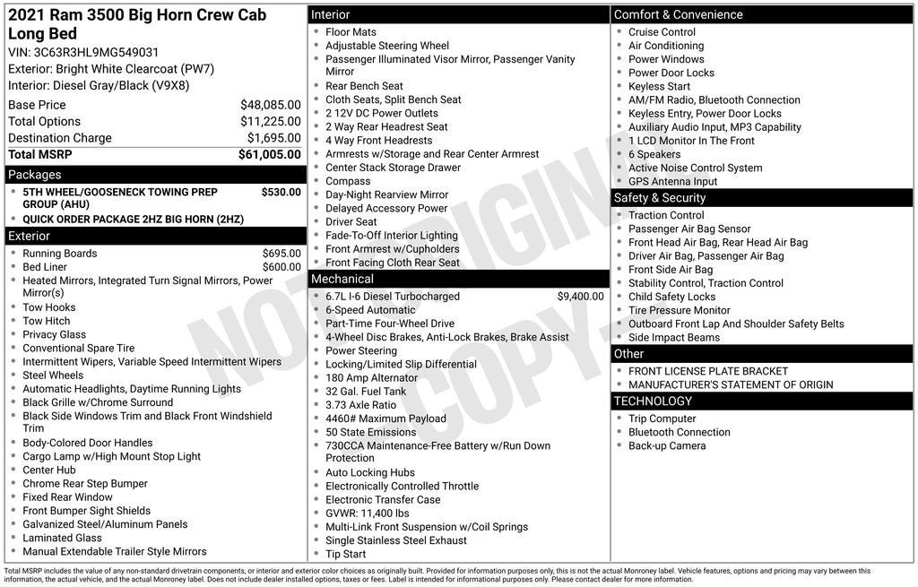 2021 RAM 3500 Big Horn Crew Cab 4x4 8' Box