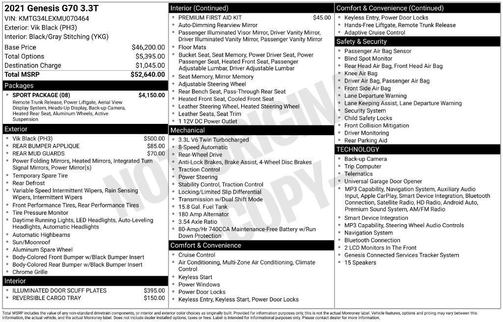 2021 Genesis G70 3.3T