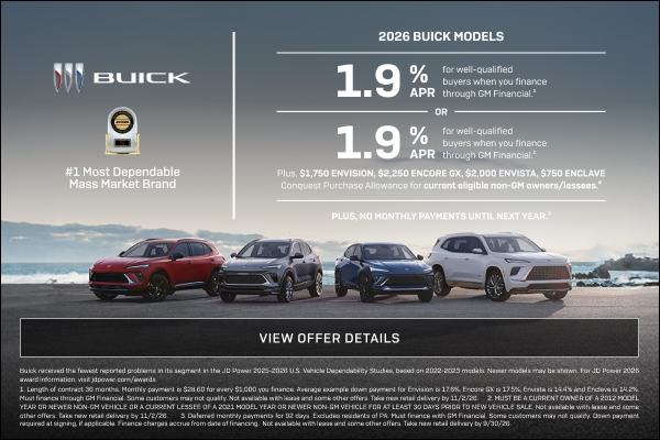 1.9% APR
FOR WELL-QUALIFIED BUYERS when you finance through GM Financial.1

Or

1.9% APR
FOR WELL...